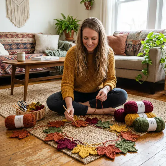 Artesana colocando un camino de mesa a crochet en tonos de otoño sobre la mesa