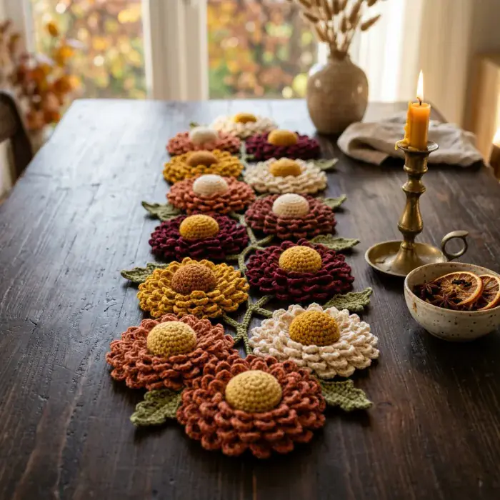 Camino de mesa completo con flores, hojas y pequeñas bayas a crochet