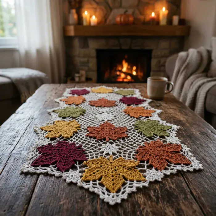 Camino de mesa con flores de centro en relieve en tonos vino y verde oliva