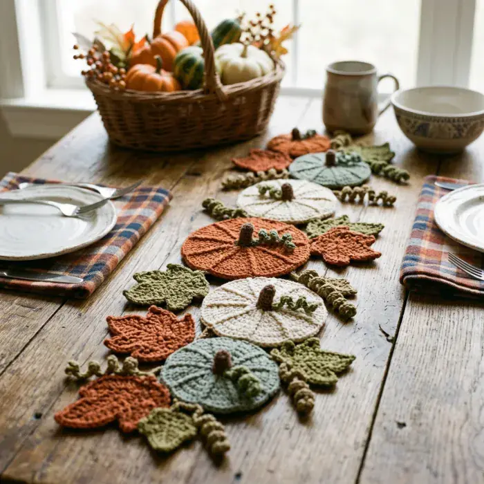 Camino de mesa con flores y ramitas a crochet en tonos cálidos de otoño